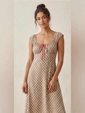 Polka Dot Tan Backless Dress with Pink Tie Accent